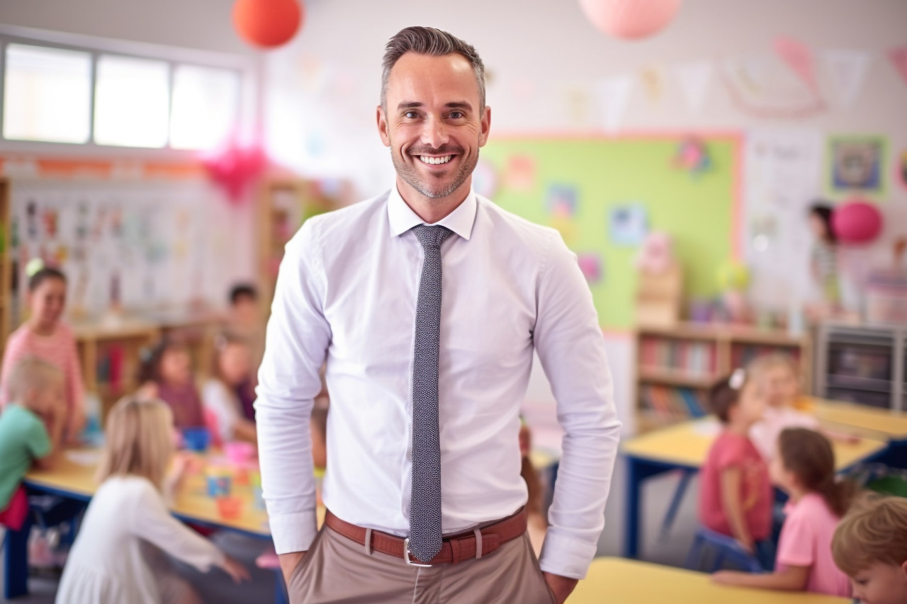Male kindergarten teacher smiles at work blurred background
