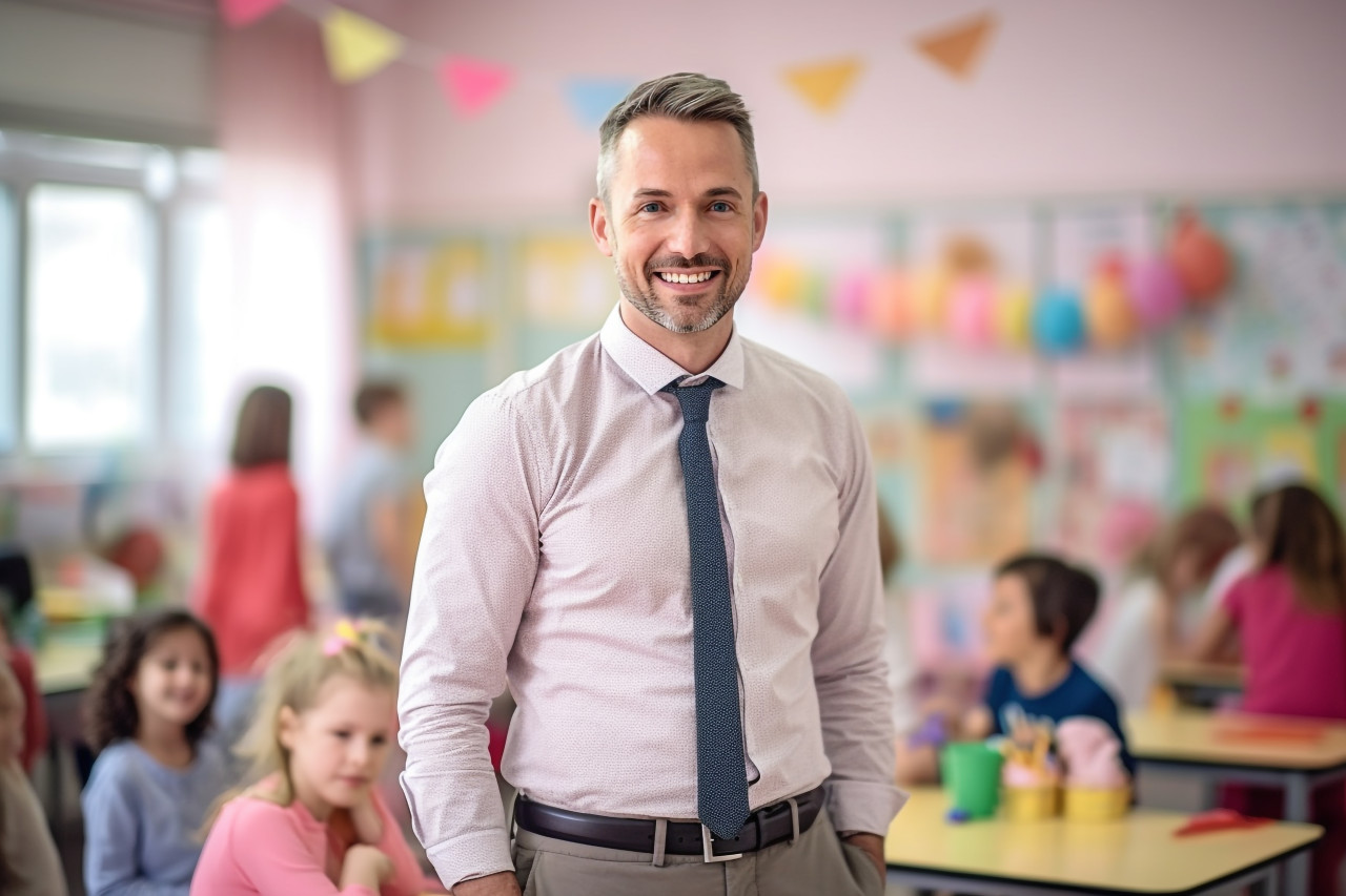 Male kindergarten teacher smiles at work blurred background