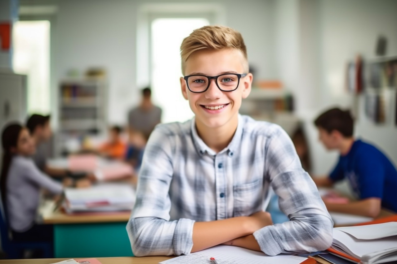 Happy middle school boy working on blurred background