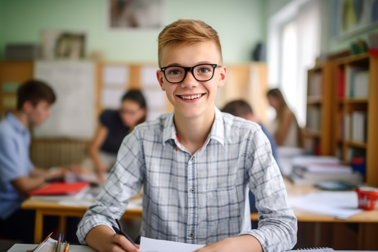 Happy middle school boy working on blurred background