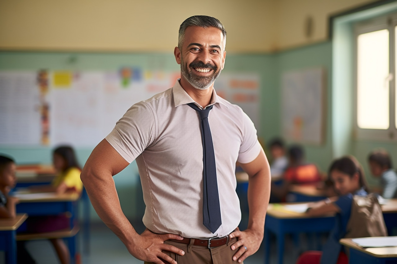 Smiling indian male teacher working on a blurred background
