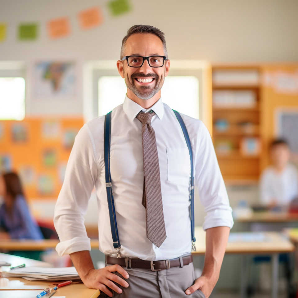 Smiling male elementary school teacher in classroom