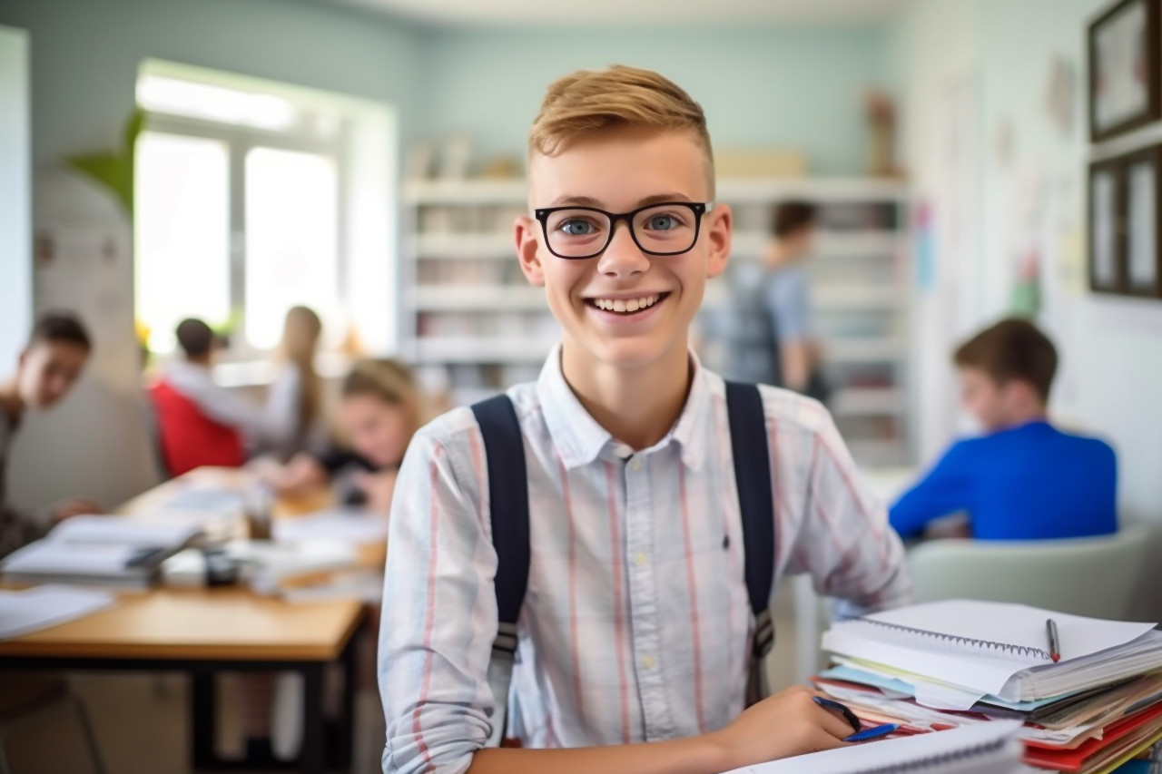 Happy middle school boy working on blurred background