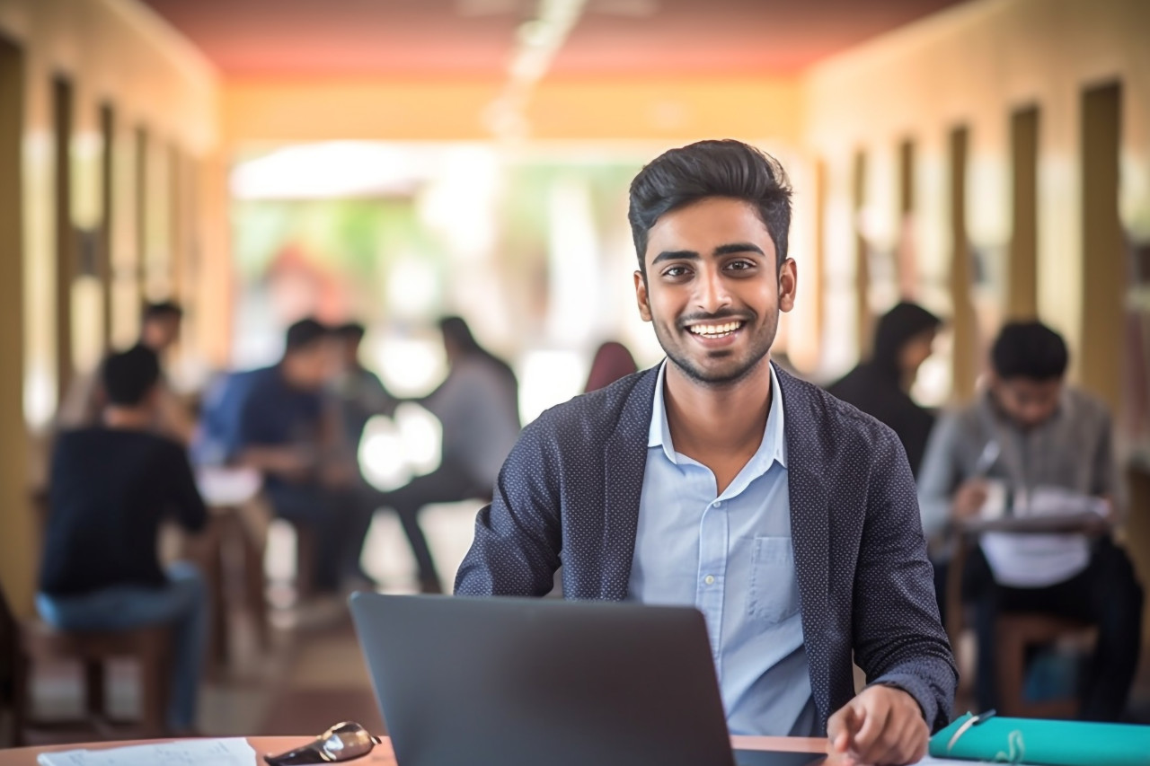 Smiling indian college student working blurred background