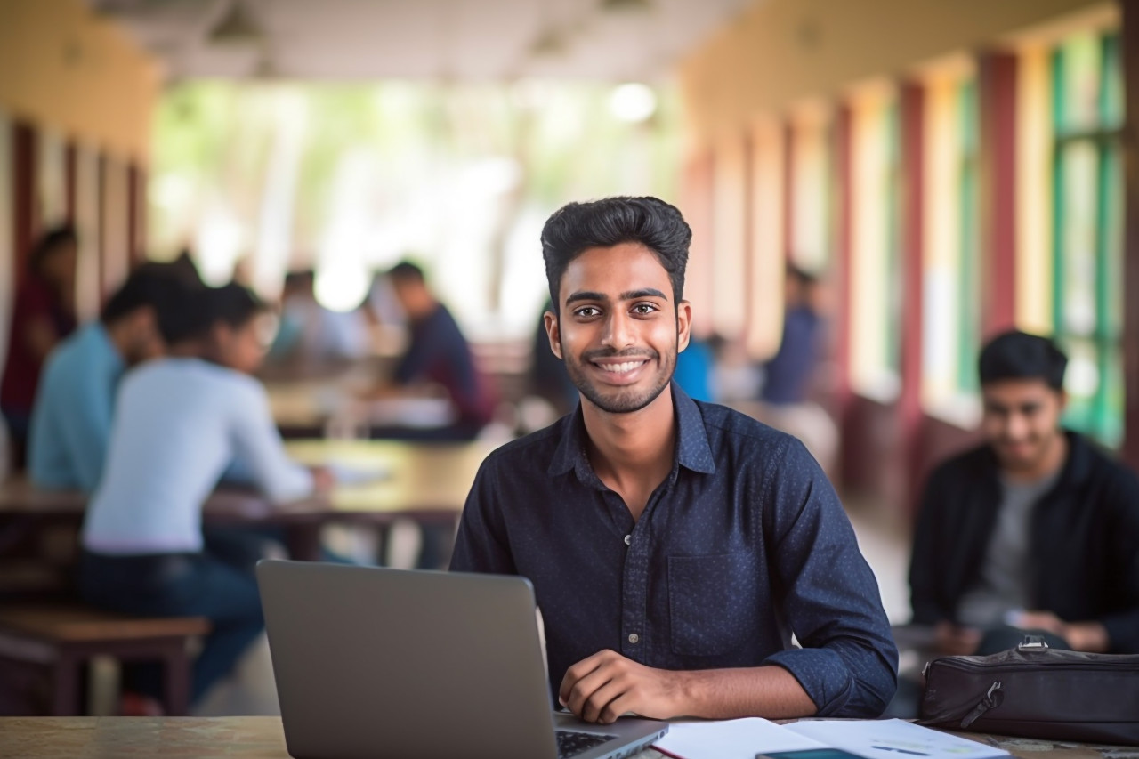Smiling indian college student working blurred background