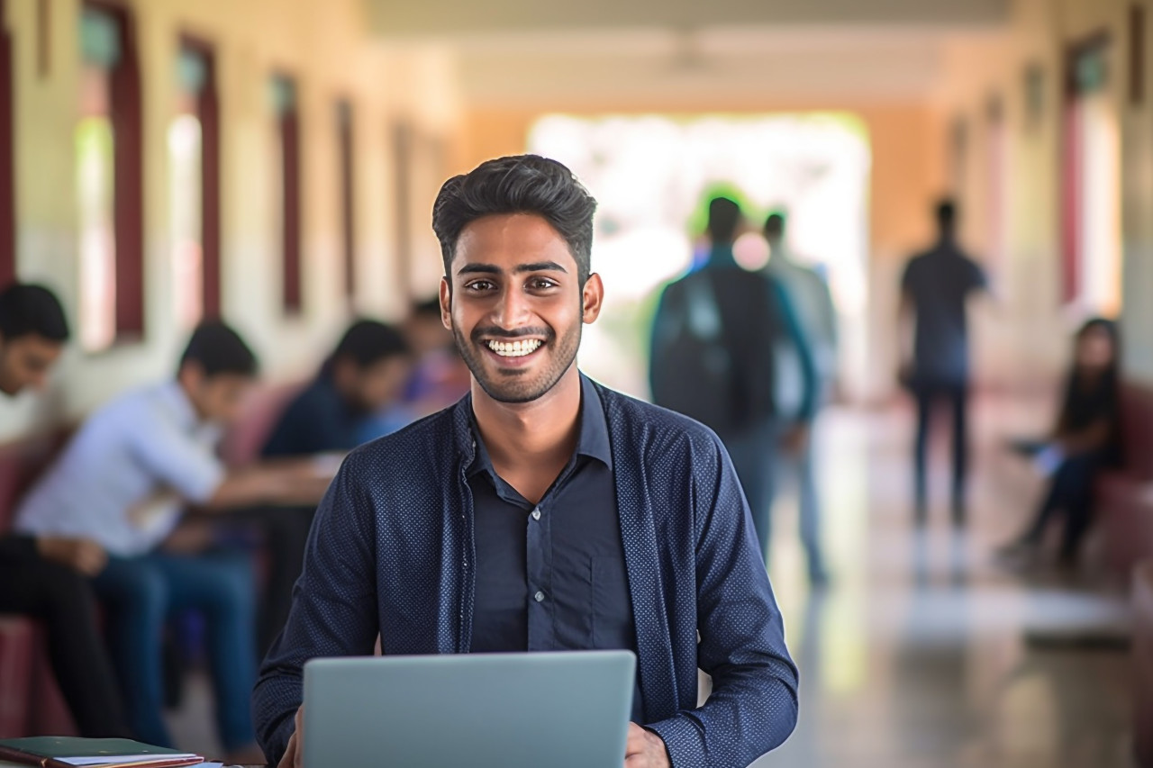 Smiling indian college student working blurred background