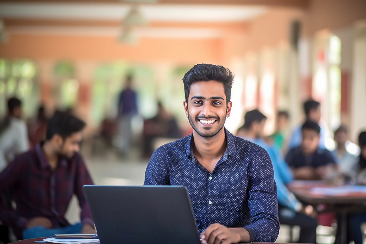 Smiling indian college student working blurred background