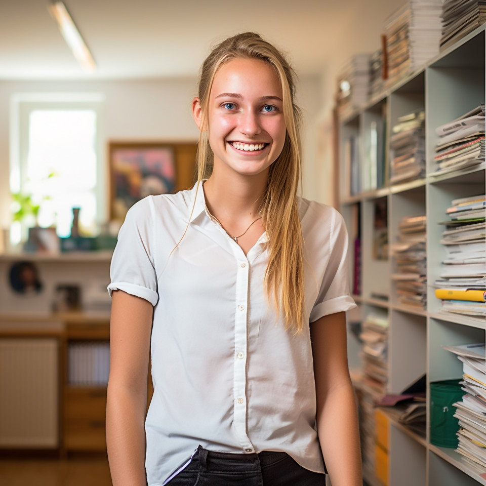 Smiling high school girl working on blurred background