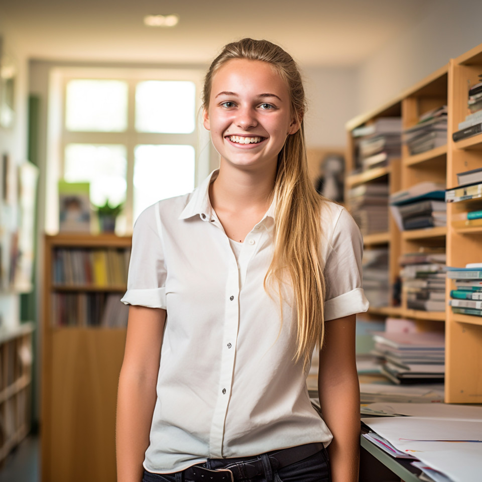 Smiling high school girl working on blurred background