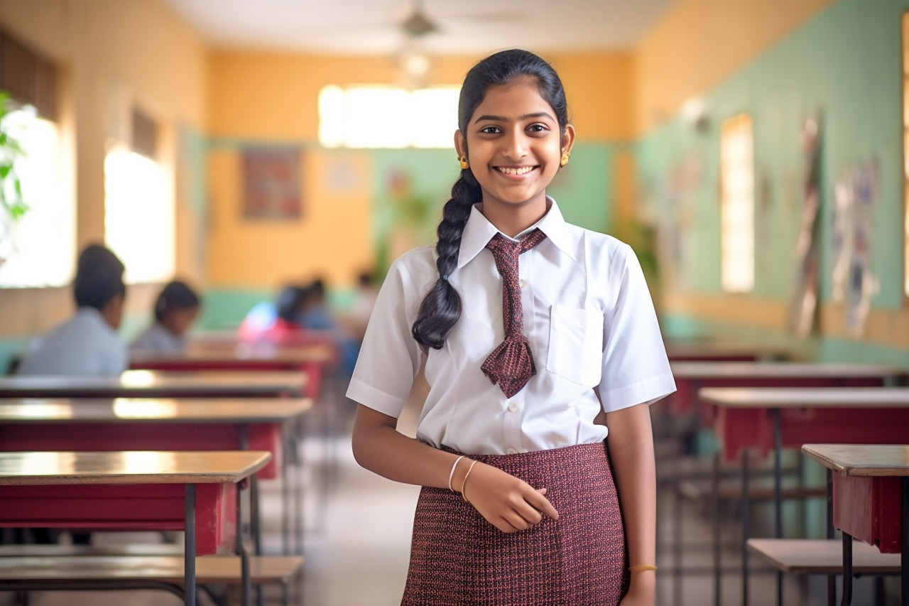 Smiling indian middle school girl works on blurred background