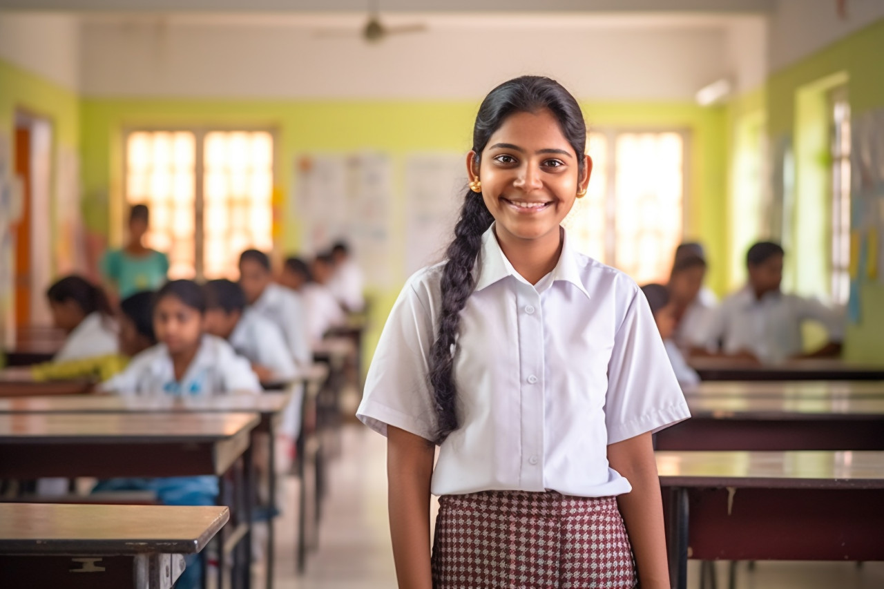 Smiling indian middle school girl works on blurred background