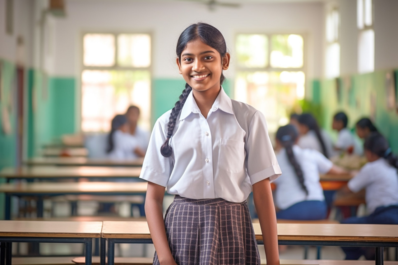 Smiling indian middle school girl works on blurred background