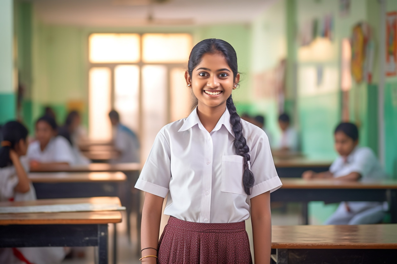 Smiling indian middle school girl works on blurred background
