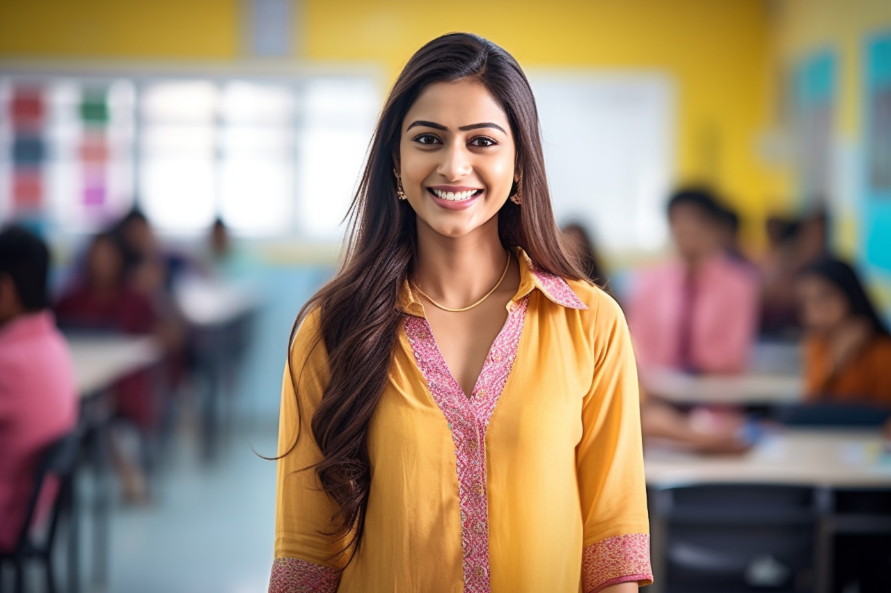 Indian female teacher smiling in a classroom
