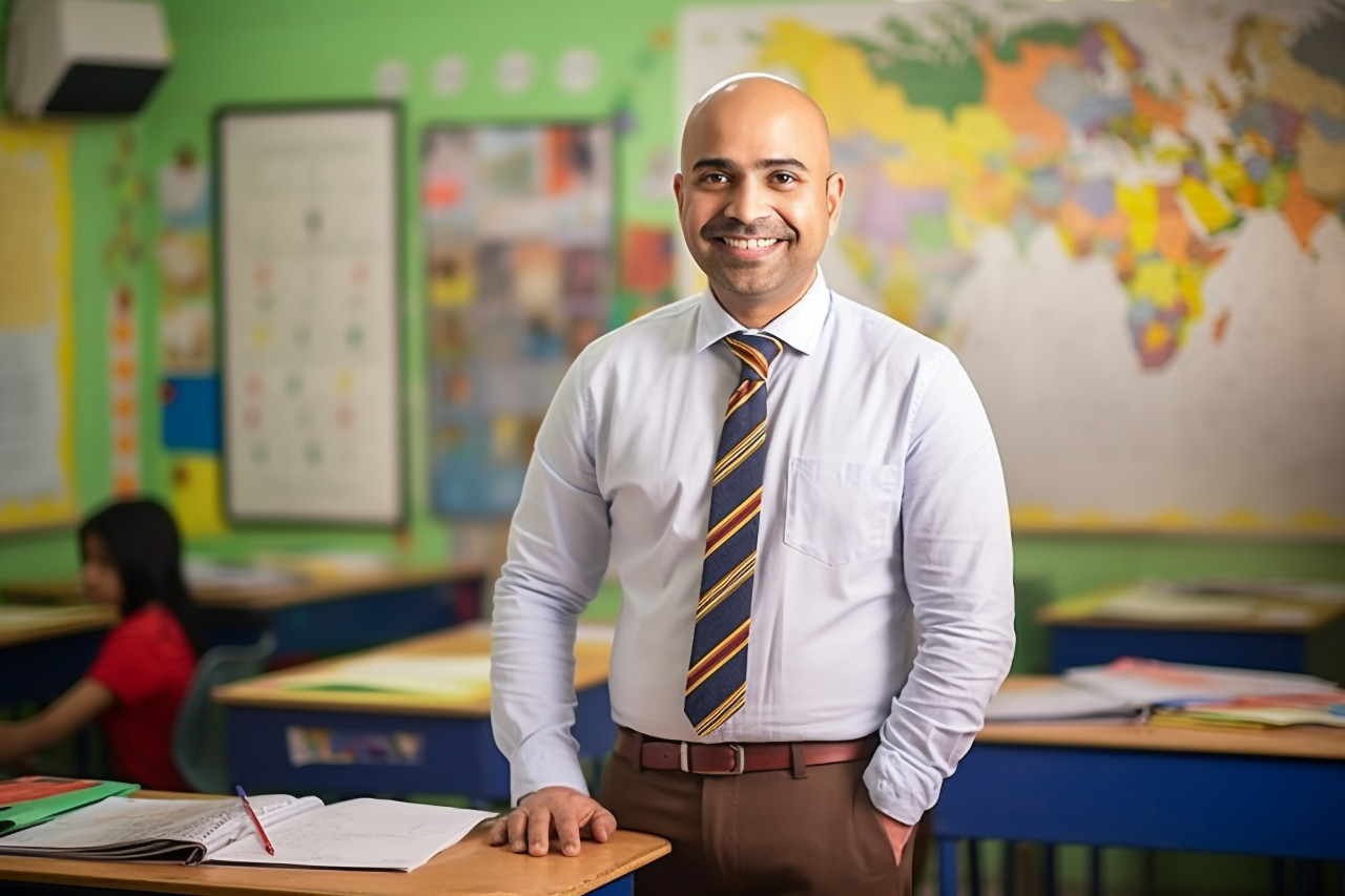 Indian male teacher smiling in elementary school