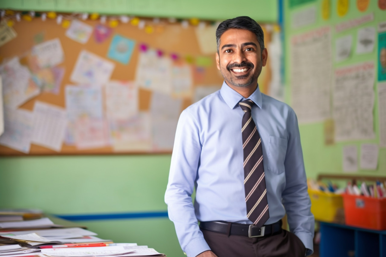 Friendly indian male teacher works at elementary school