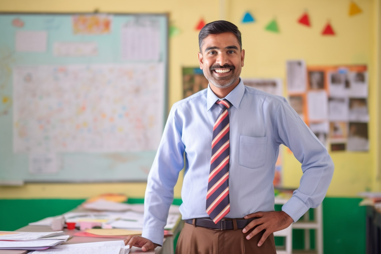 Friendly indian male teacher works at elementary school