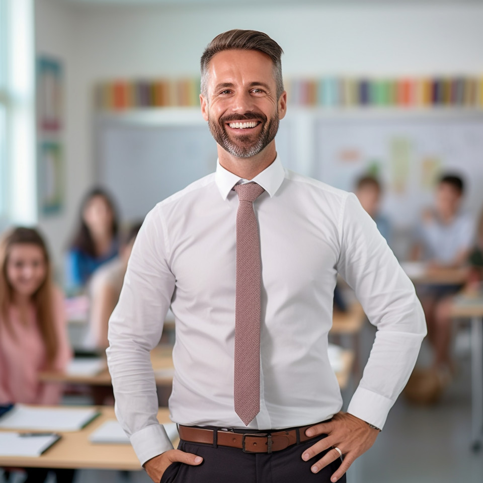 Smiling male teacher working on blurred background