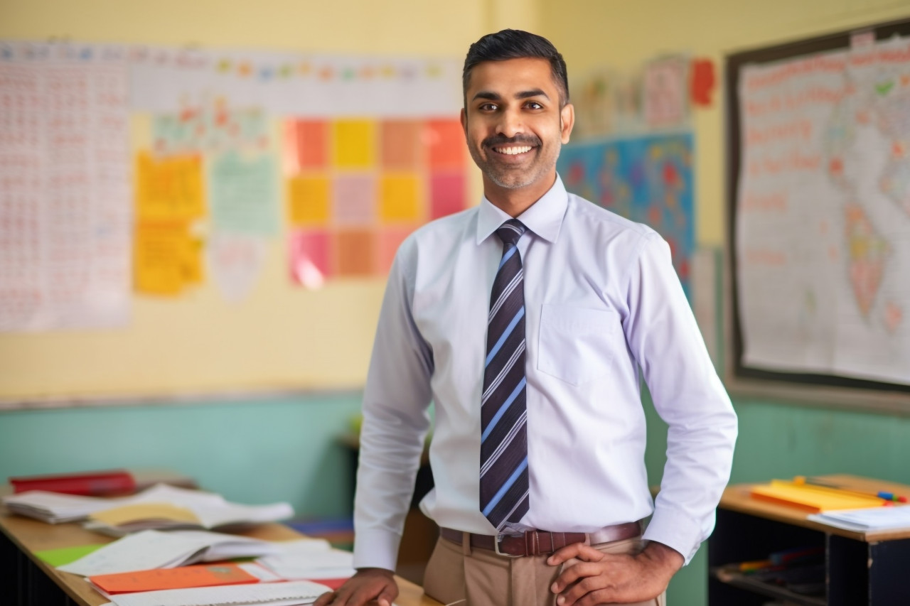 Friendly indian male teacher works at elementary school