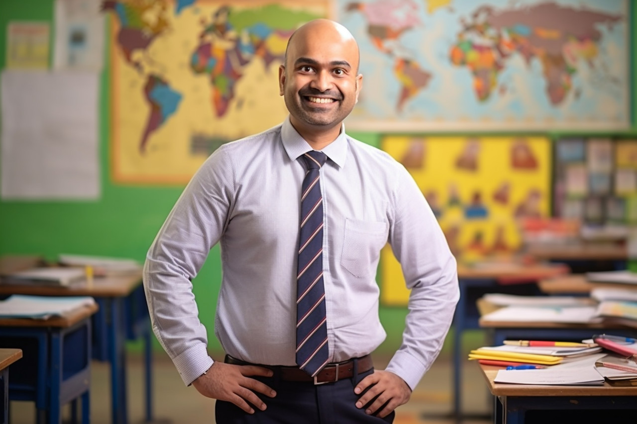 Indian male teacher smiling in elementary school