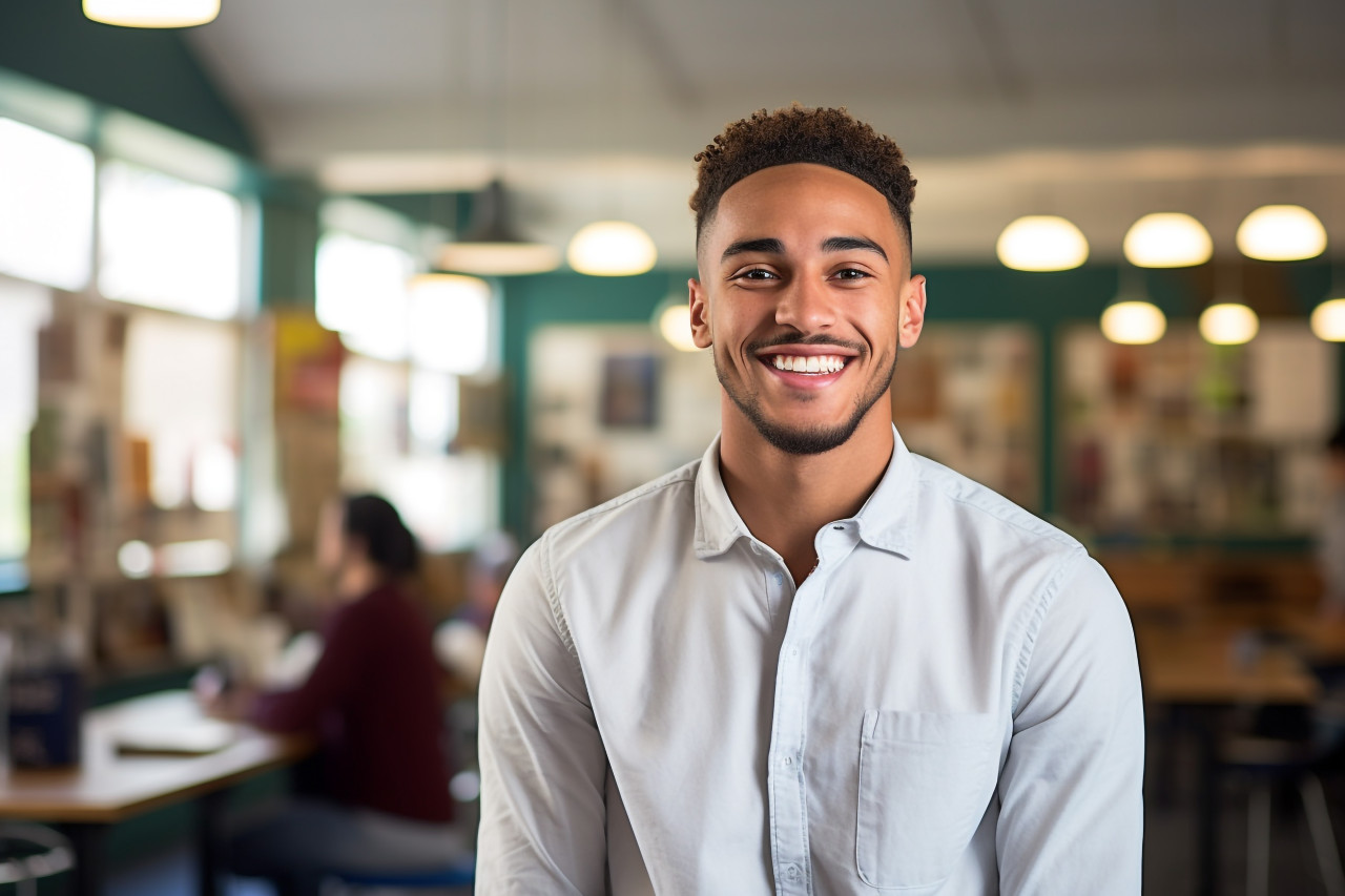 Smiling university student working on blurred background
