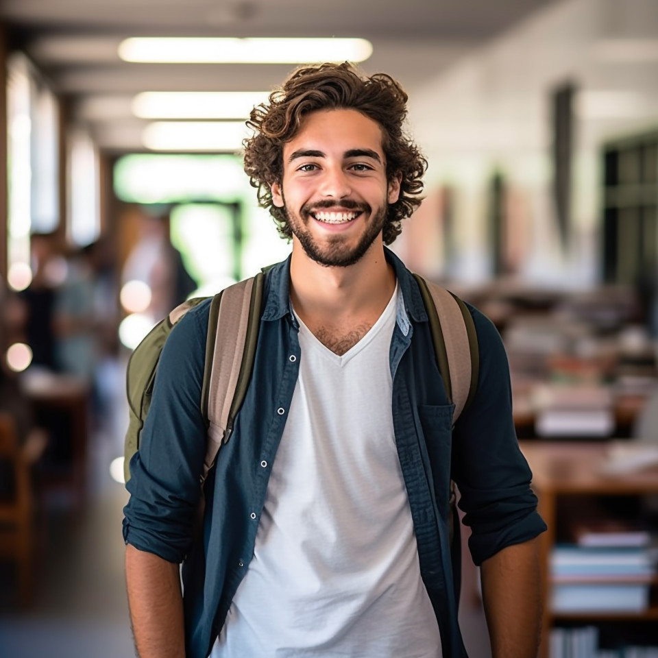 Happy college student working on blurred background