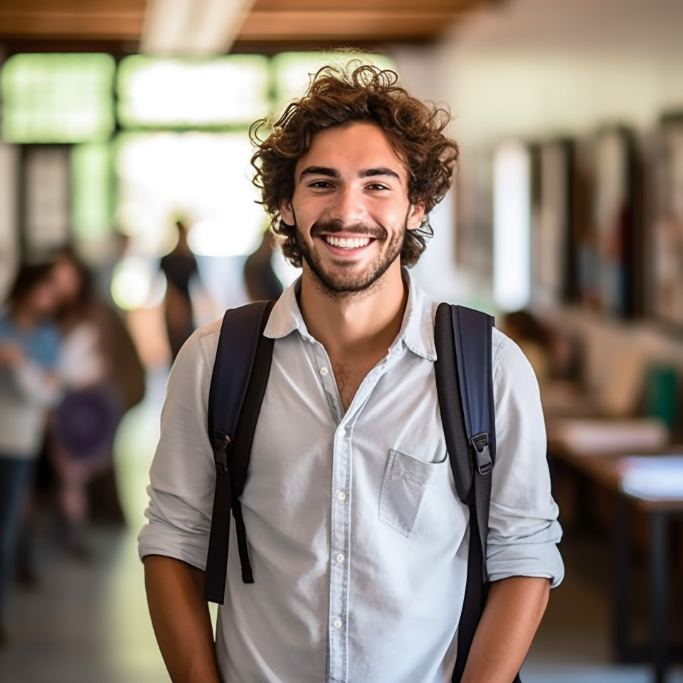 Happy college student working on blurred background