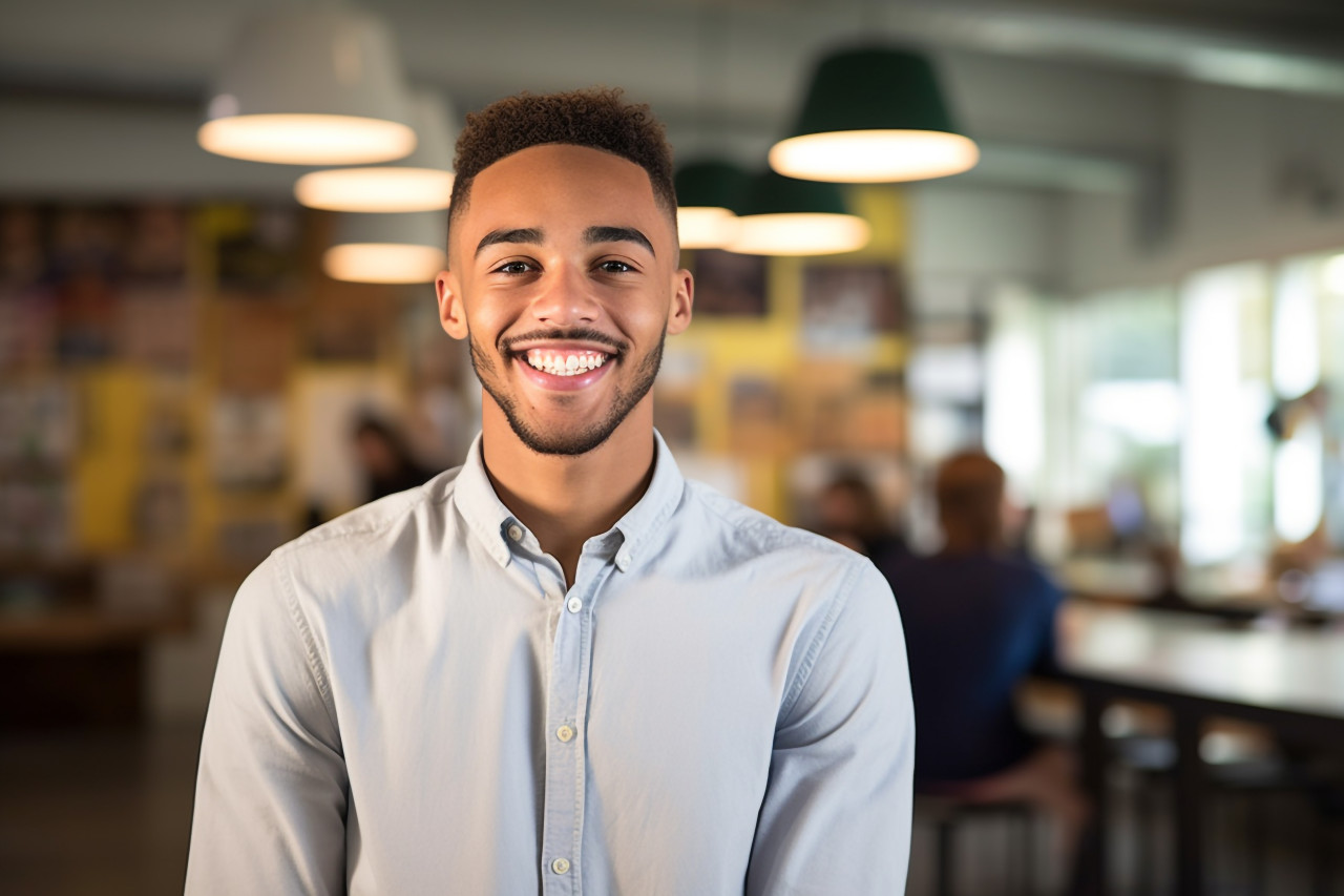 Smiling university student working on blurred background