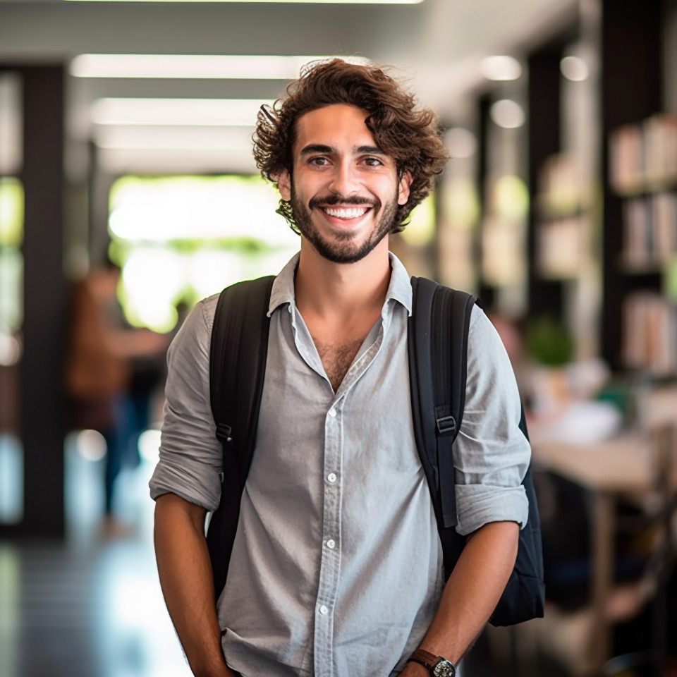 Happy college student working on blurred background
