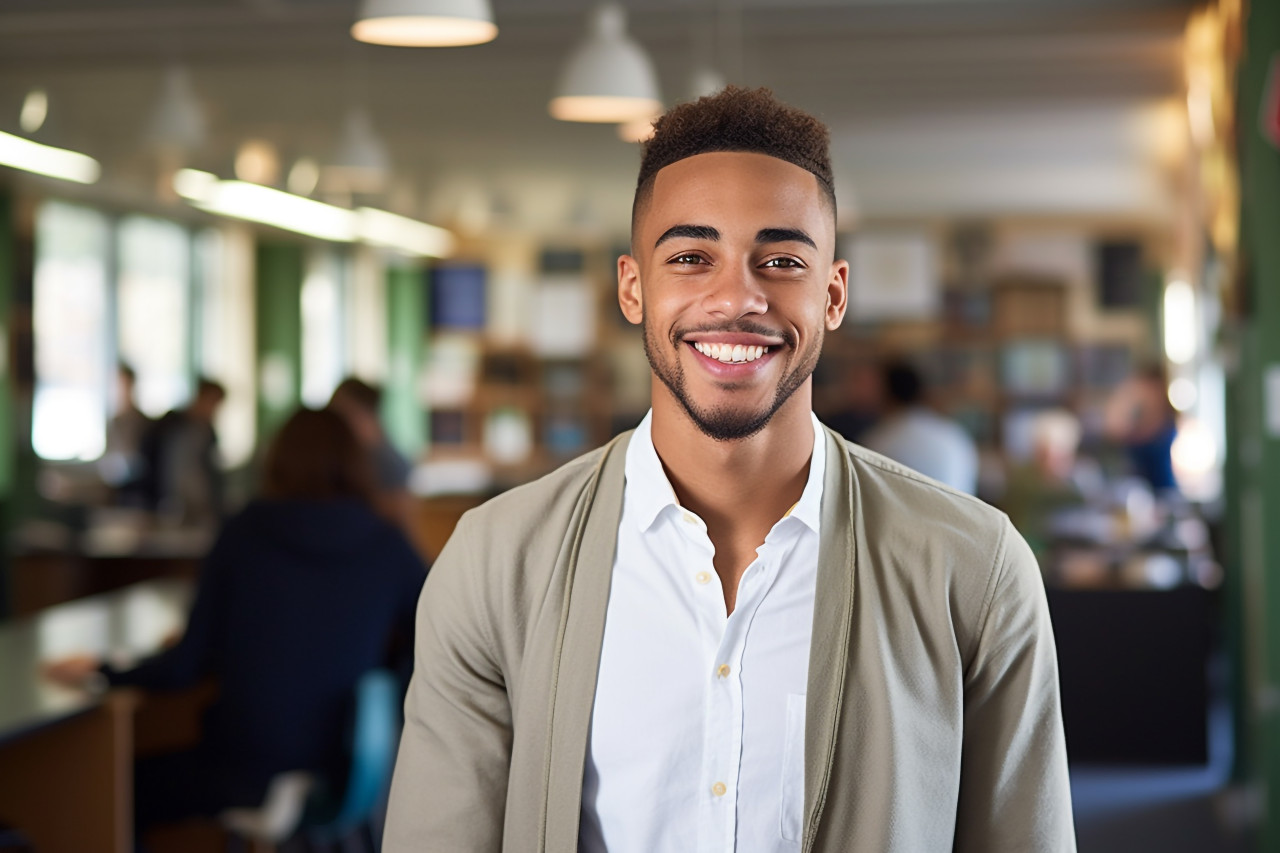 Smiling university student working on blurred background