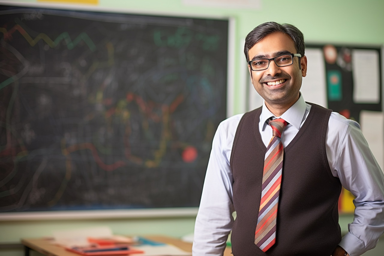 Smiling indian male science teacher teaching students in a classroom