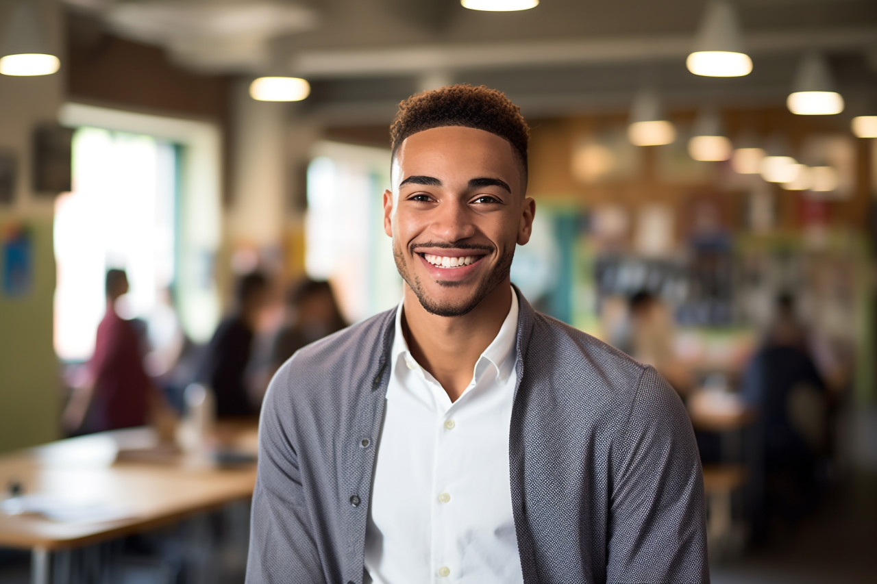 Smiling university student working on blurred background