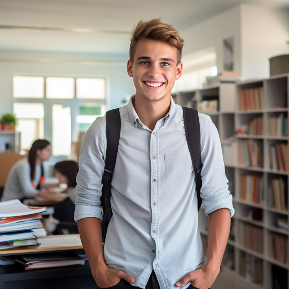 High school boy working on blurred background