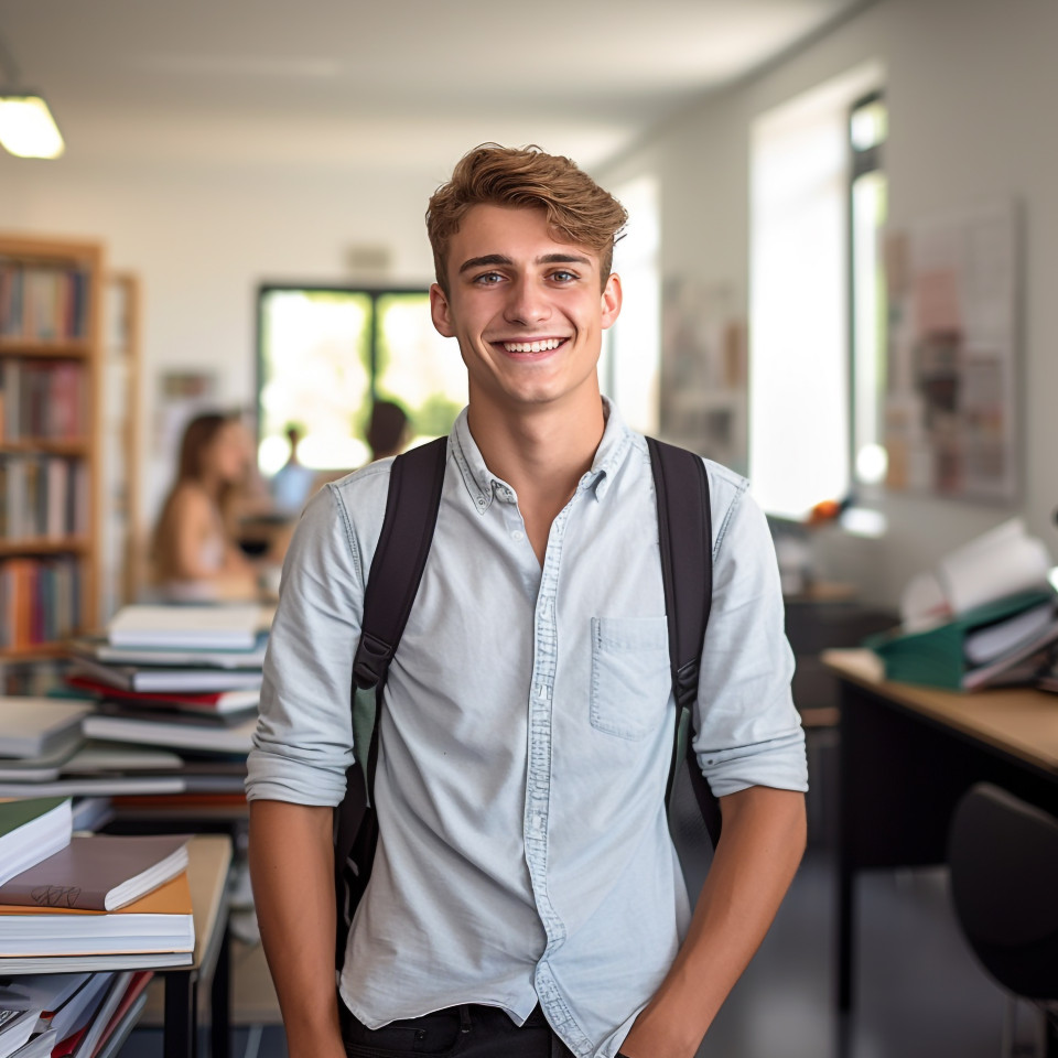 High school boy working on blurred background