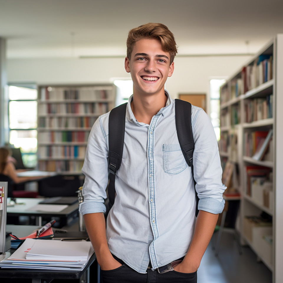 High school boy working on blurred background