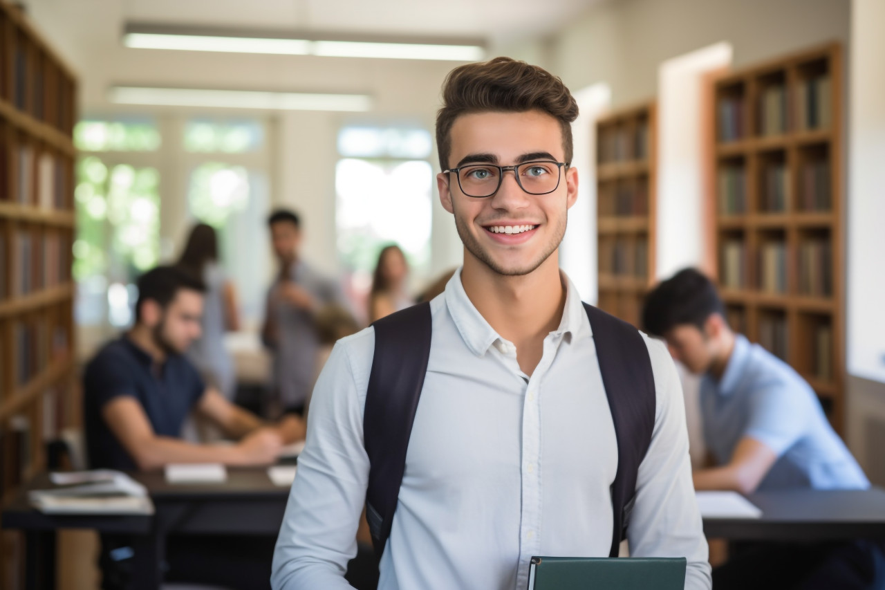 Smiling college student working on blurred background