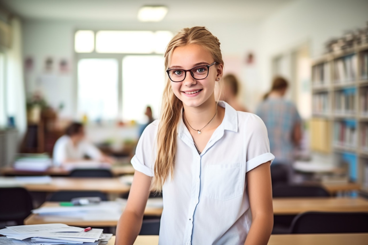 Smiling female middle school student working on a blurry background