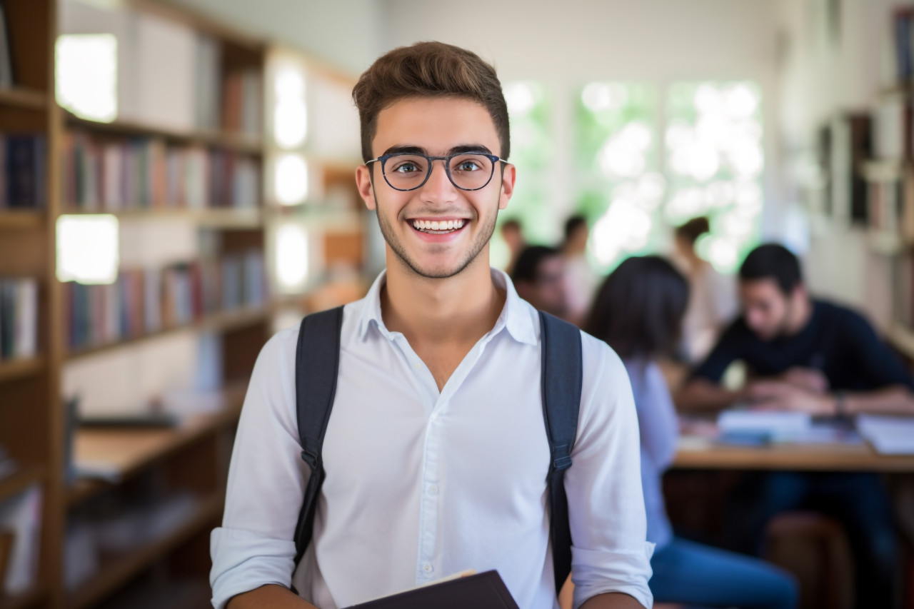 Smiling college student working on blurred background