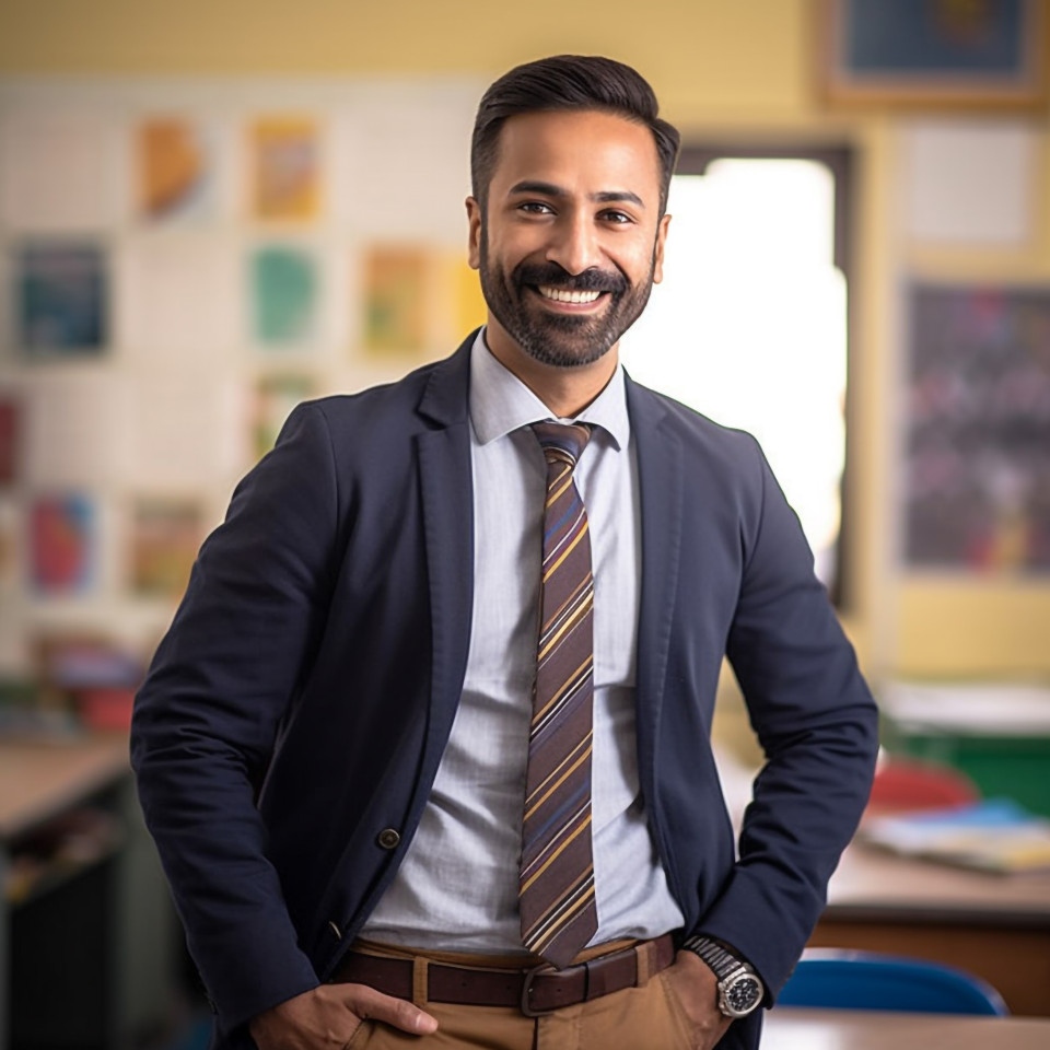 Indian male teacher smiling at work blurred background