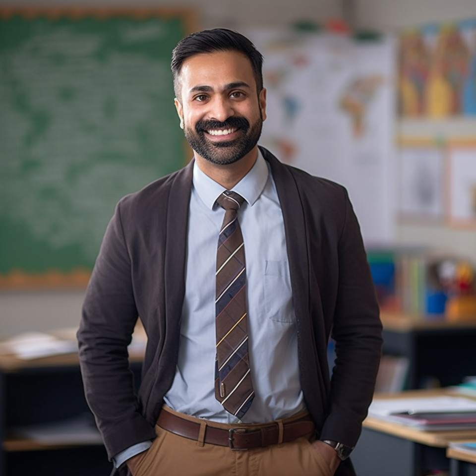 Indian male teacher smiling at work blurred background