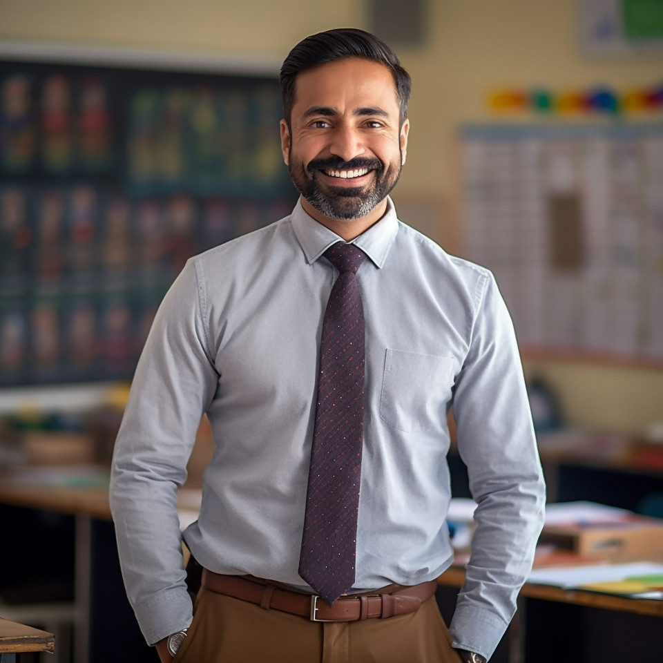 Indian male teacher smiling at work blurred background