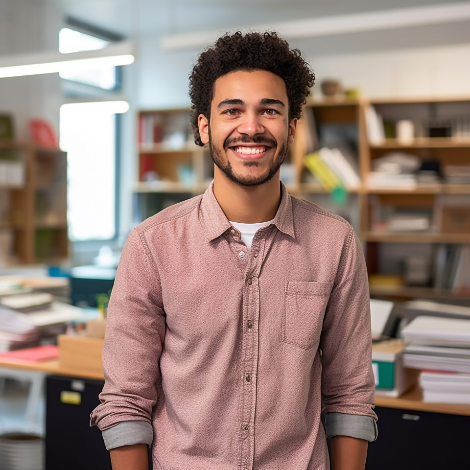 International student working on blurred background