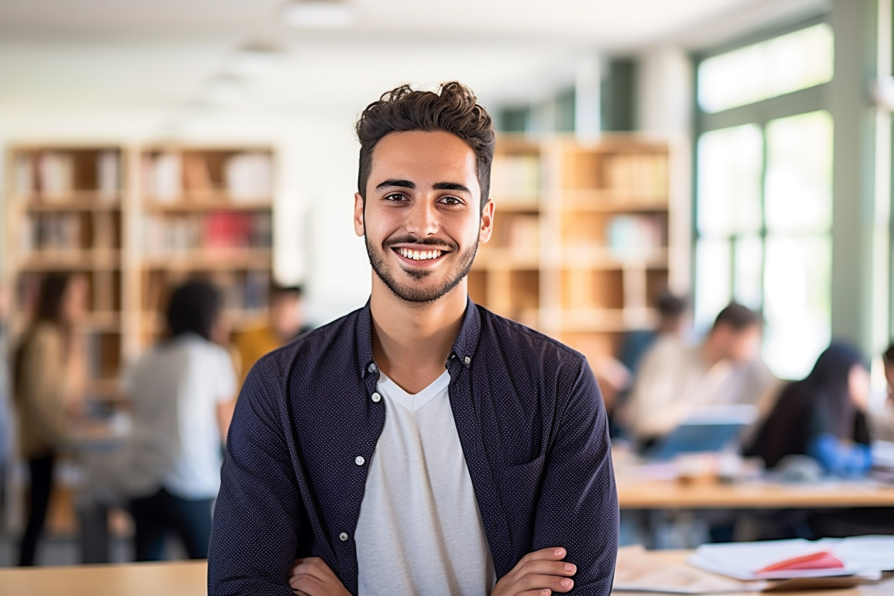 International student working with a smile on blurred background