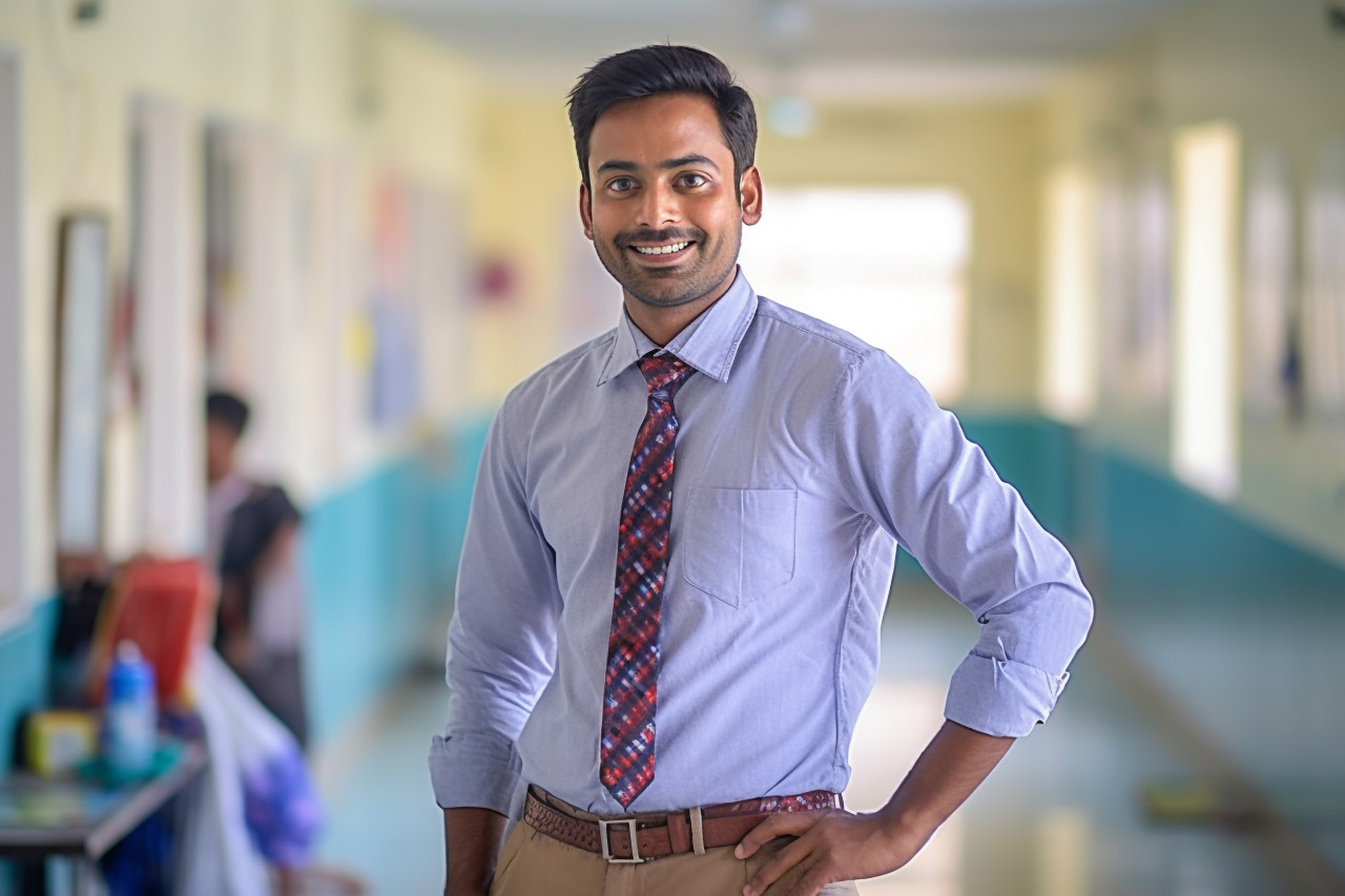 Friendly indian male teacher working on blurred background