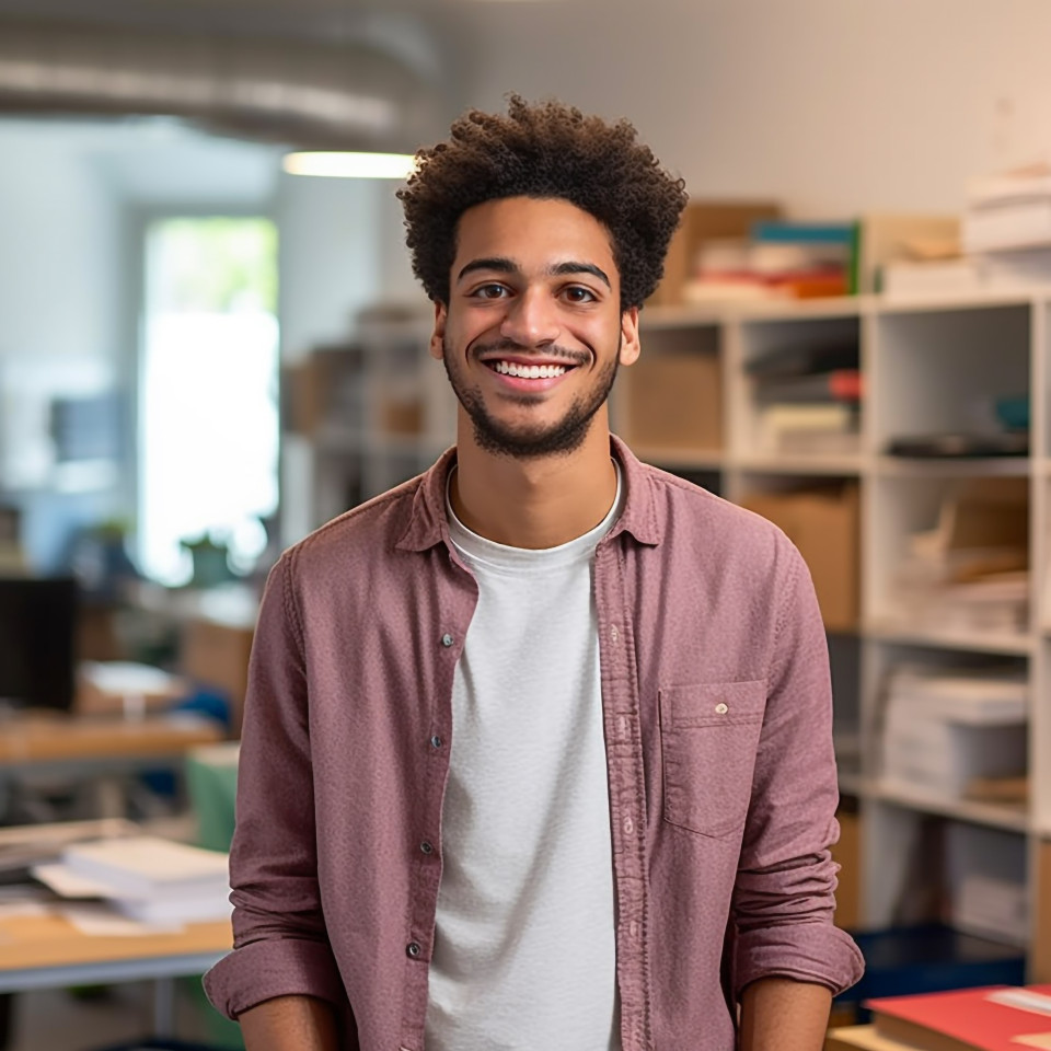 International student working on blurred background