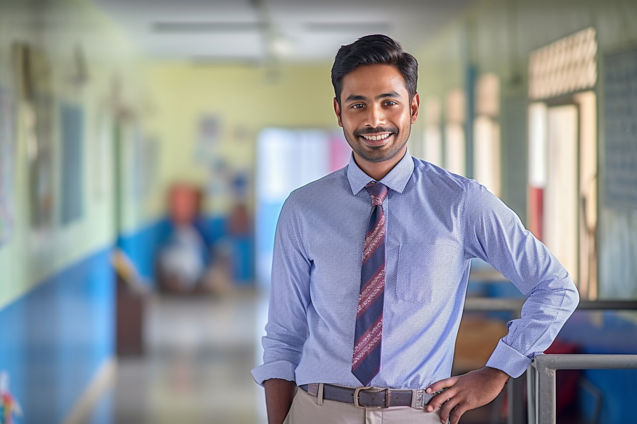 Friendly indian male teacher working on blurred background