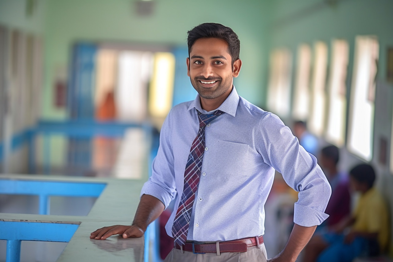 Friendly indian male teacher working on blurred background