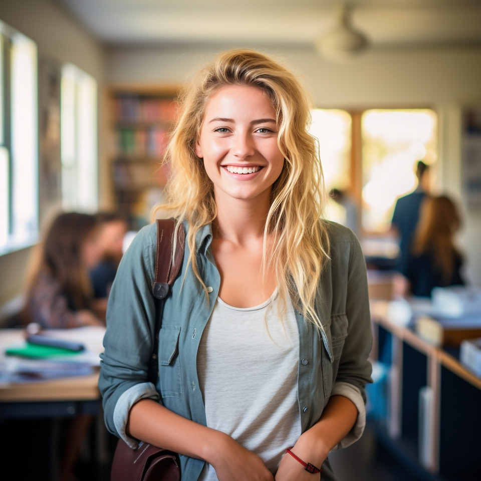 College student studying with a smile on background blurred
