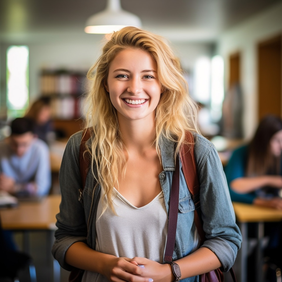 College student studying with a smile on background blurred
