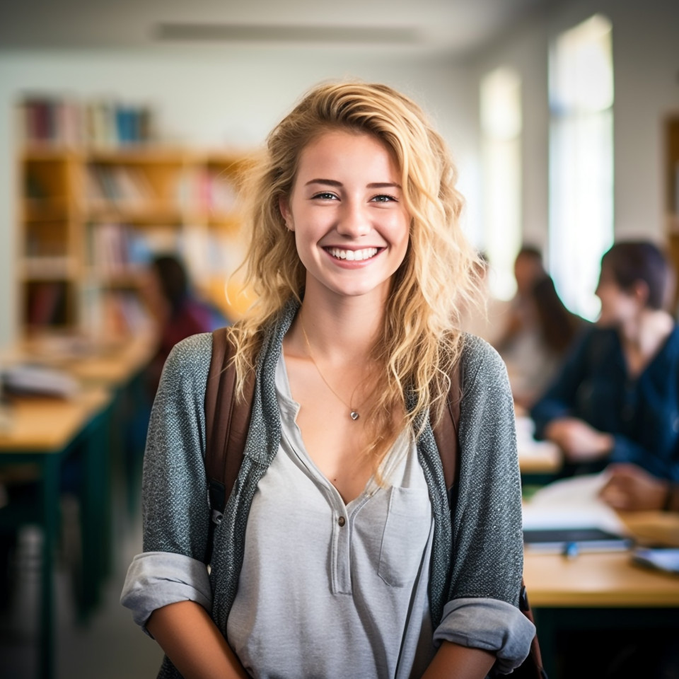 College student studying with a smile on background blurred